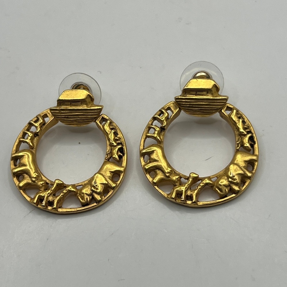 Vintage Pierced Dangle Earrings‎ Noah's Ark Gold Tone Door Knocker Drop
